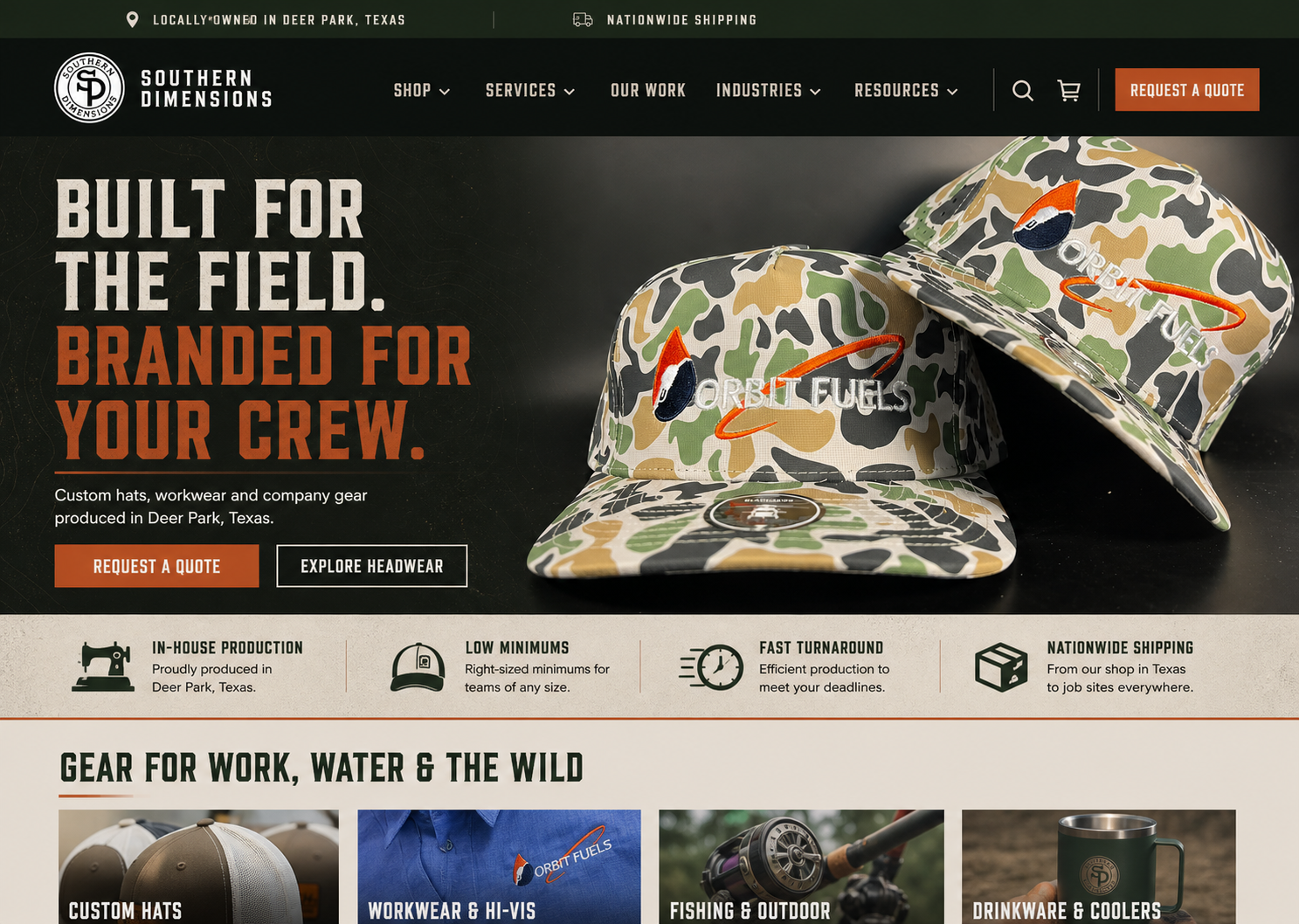 Texas Fieldhouse Shopify website concept for Southern Dimensions