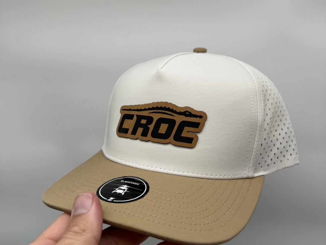 White and tan CROC hat